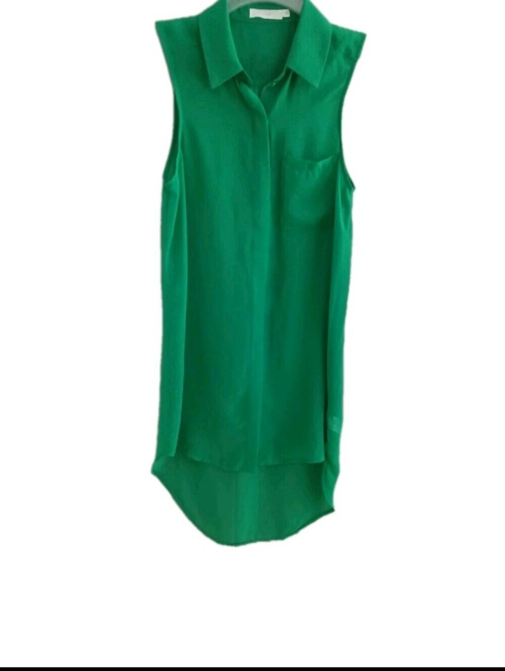 Green Sheer Women's Sleeveless Long Blouse Collared With Front Pockets SMALL